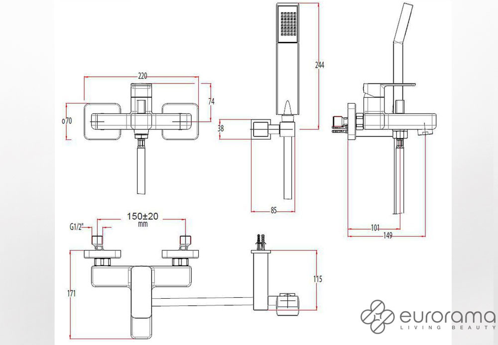 Εικόνα της Μπαταρία Λουτρού Eurorama Quadra 144210-400 Black Matt