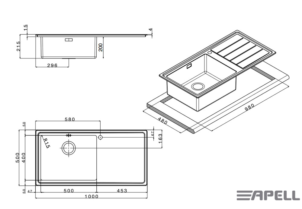 Εικόνα της Νεροχύτης Apell Linear Plus LNP1001 R (100x50) Ποδιά Δεξιά