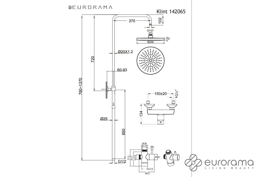 Εικόνα της Στήλη Ντούς 2 Εξόδων Eurorama Klint 142065 Με Κολώνα Ρυθμιζόμενου Ύψος