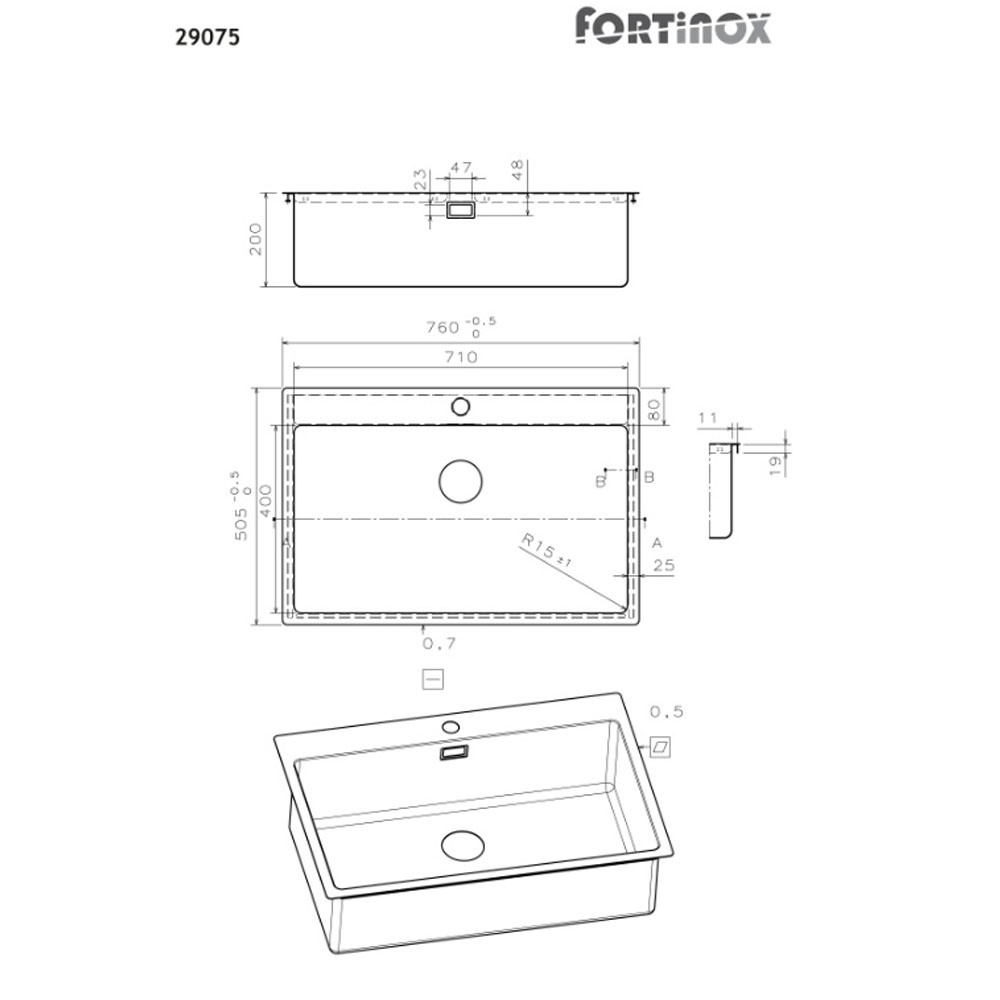 Εικόνα της Νεροχύτης Ένθετος Fortinox Squadro 29075 (76x50,5) Λείος Σατινέ