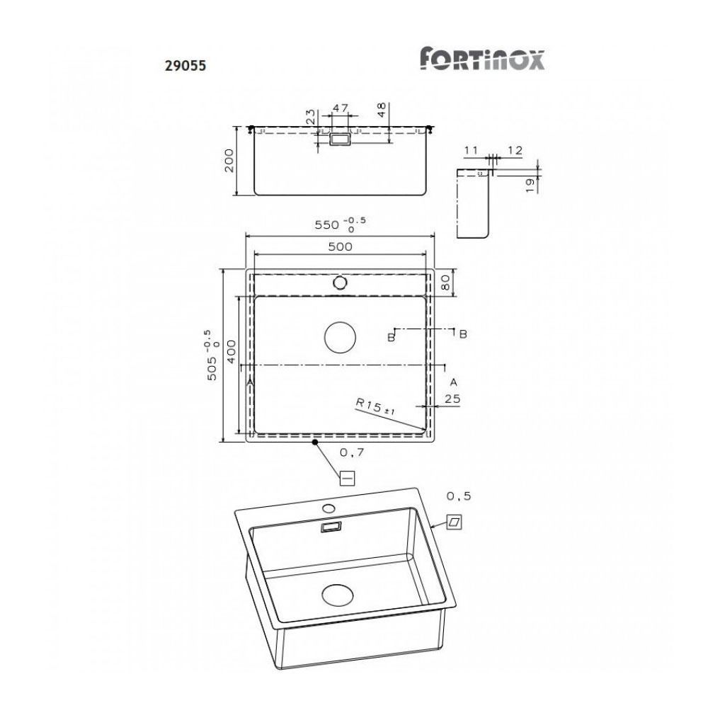 Εικόνα της Νεροχύτης Ένθετος Fortinox Squadro 29055 (55x50,5) Λείος Σατινέ