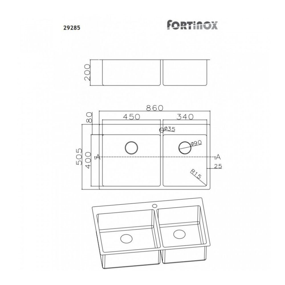 Εικόνα της Νεροχύτης Ένθετος Fortinox Squadro 29285 (86x50,5) Λείος Σατινέ