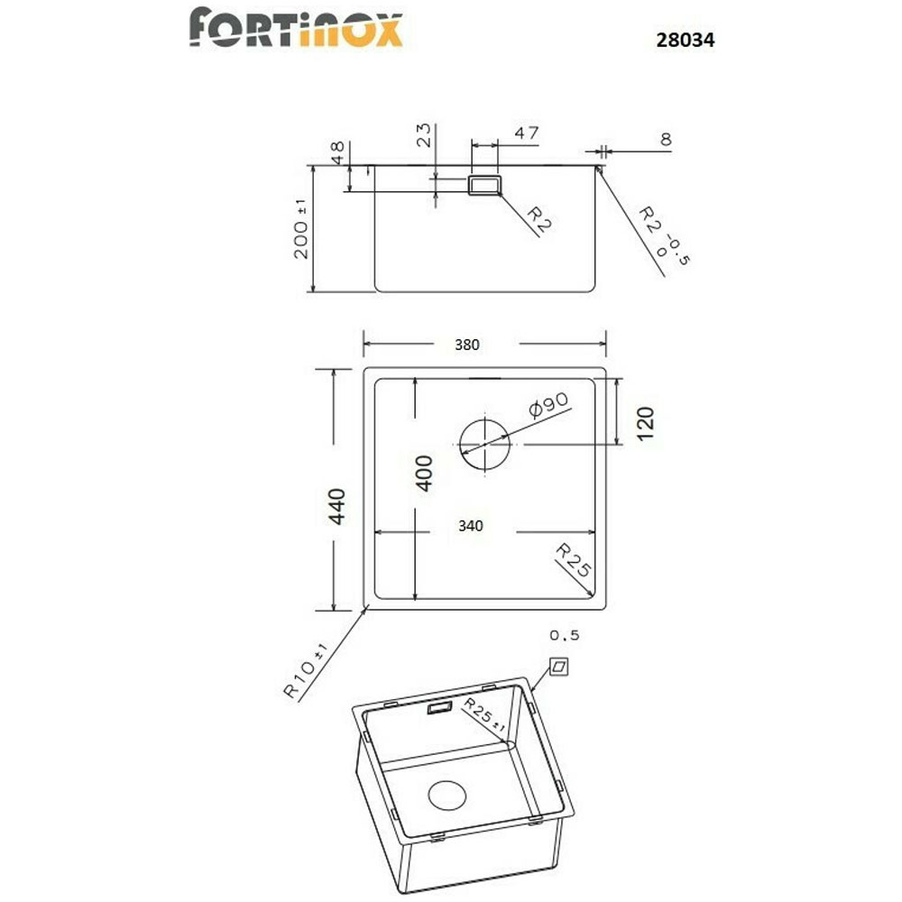 Εικόνα της Νεροχύτης Υποκαθήμενος Fortinox Squadro 28034 (38x44) Λείος Σατινέ