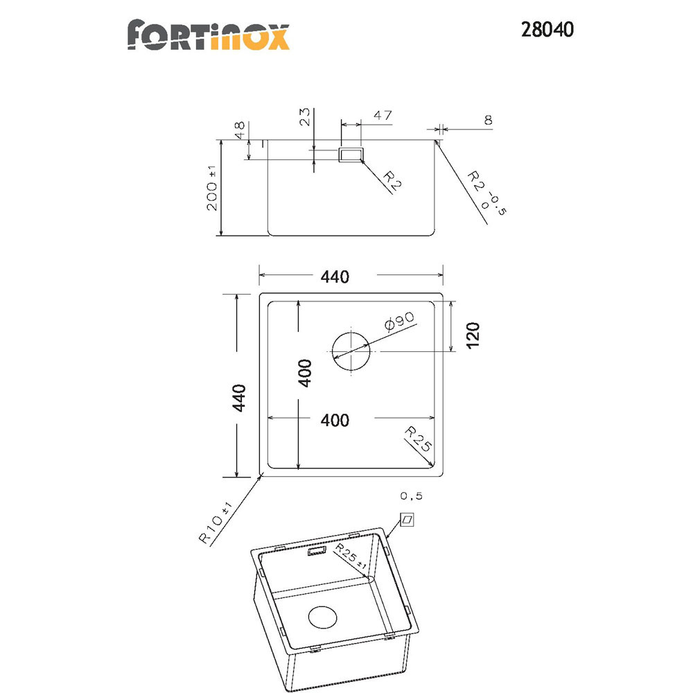 Εικόνα της Νεροχύτης Υποκαθήμενος Fortinox Squadro 28040 (44x44) Λείος Σατινέ