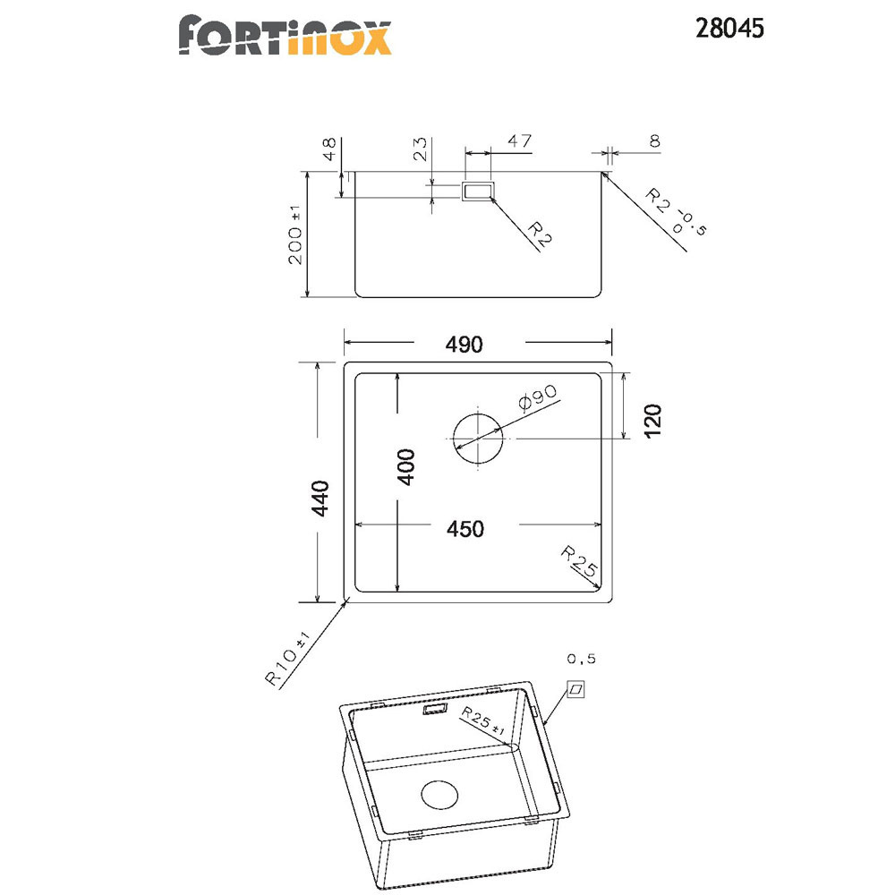 Εικόνα της Νεροχύτης Υποκαθήμενος Fortinox Squadro 28045 (49x44) Λείος Σατινέ