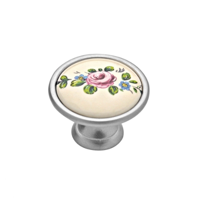 Εικόνα της Πόμολο Επίπλων Roline 523 Νίκελ Με πορσελάνη Ροζ Λουλούδι