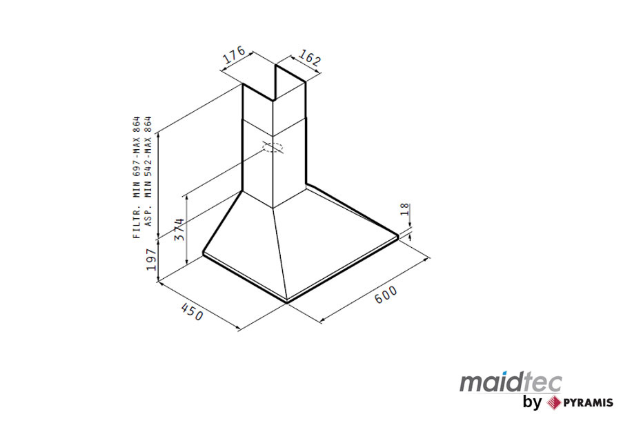 Εικόνα της Απορροφητήρας Pyramis Maidtec Τετράγωνη Καμινάδα 60cm High Power 065008902