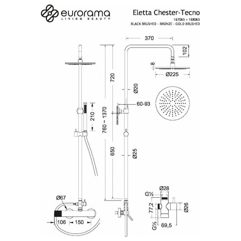 Εικόνα της Στήλη Ντούς 2 Εξόδων Eurorama Eletta Chester 168065-201 Gold Brushed