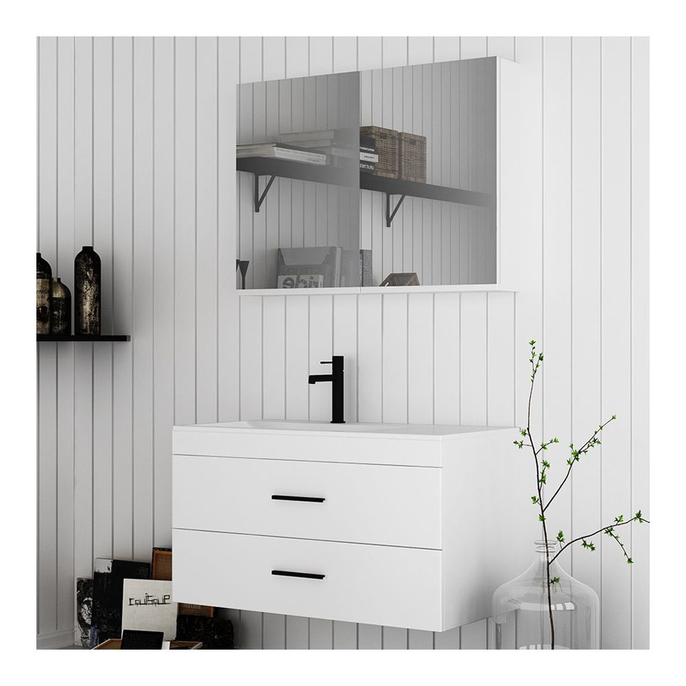 Εικόνα της Έπιπλο Μπάνιου Orabella Raven 90 (90x45x50cm) Βάση Με Νιπτήρα & Καθρέπτη Ντουλάπι Μελαμίνη Χρώμα 6010