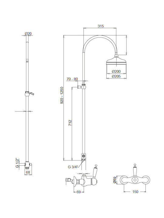 Εικόνα της Στήλη Ντούς 2 Εξόδων Bugnatese Oxford CD6336-220 Ρυθμιζόμενου Ύψους 92-125cm Bronze