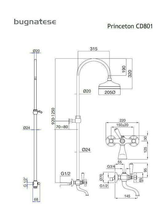 Εικόνα της Στήλη Ντούς 3 Εξόδων Bugnatese Princeton CD801-220 Bronze
