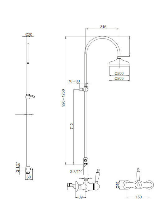 Εικόνα της Στήλη Ντούς 2 Εξόδων Bugnatese Oxford CD6336-100 Ρυθμιζόμενου Ύψους 92-125cm Chrome