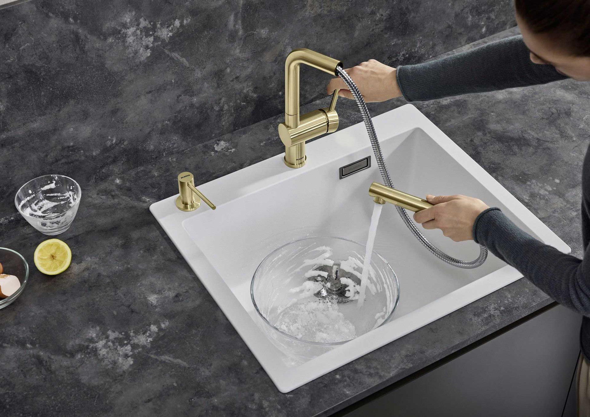 Εικόνα της Μπαταρία Κουζίνας Blanco Linus-S 526684 Ντους Satin Gold