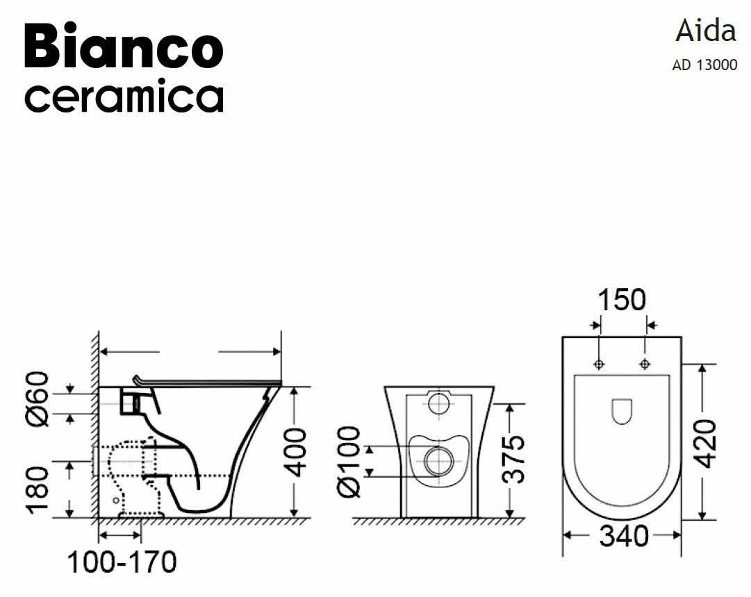Εικόνα της Λεκάνη Bianco Ceramica Aida AD130 Rimless Υψηλής Πίεσης Back To Wall AD13000SC-300 52cm Με Slim Soft Close Κάλυμμα