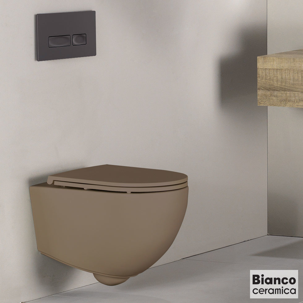 Εικόνα της Λεκάνη Κρεμαστή Bianco Ceramica Lenta 381600C-530 53cm Με Slim Soft Close Κάλυμμα Taupe Matt