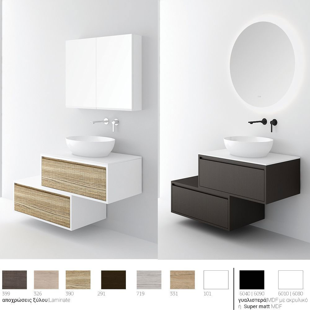 Εικόνα της Έπιπλο Μπάνιου Orabella Drawer Asymmetrical 80 (120x45x60cm) Βάση Με Νιπτήρα & Καθρέπτη Μελαμίνη Χρώμα 6080 & 326