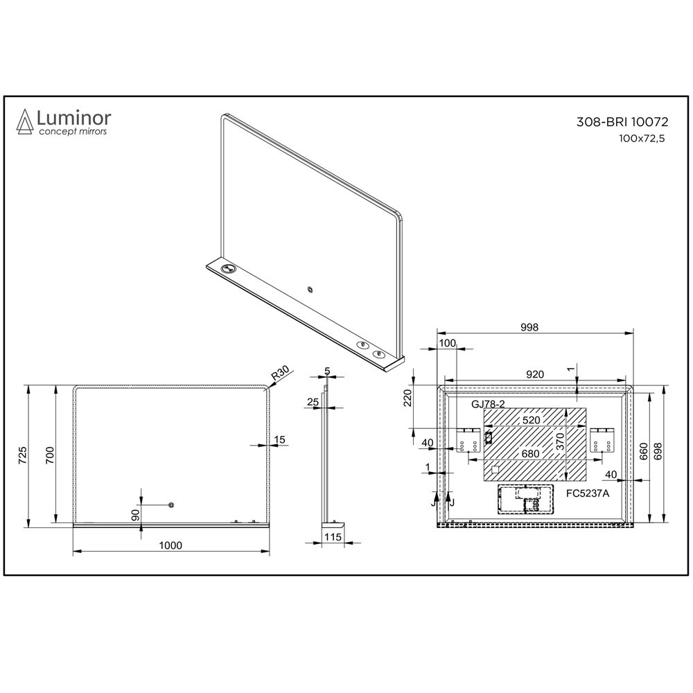 Εικόνα της Καθρέπτης Φωτιζόμενος LED Luminor Brix 10072 100x72,5cm Με Φωτιζόμενη Εταζέρα