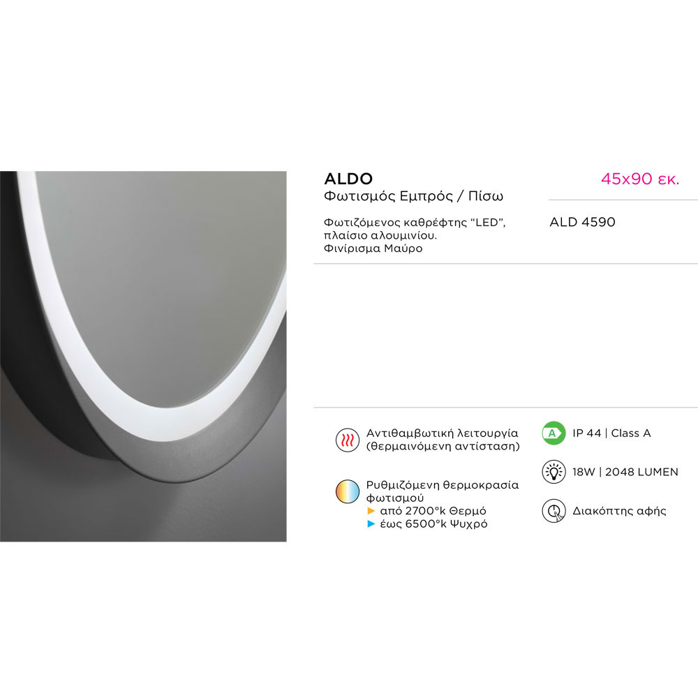 Εικόνα της Καθρέπτης Φωτιζόμενος LED Luminor Aldo 4590 45x90cm Με Μαύρο Πλαίσιο Αλουμινίου