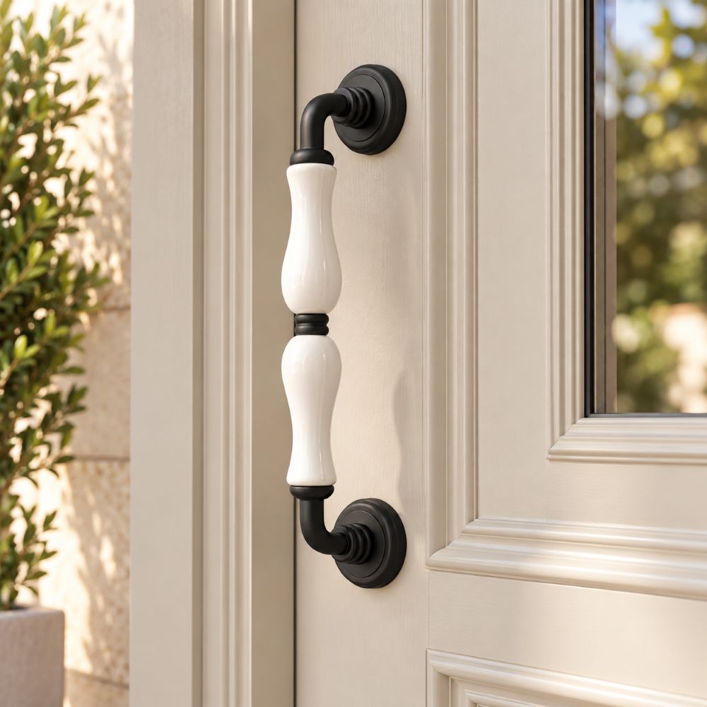 Εικόνα της Λαβή Εξώπορτας Roline K306-06 26cm Μαύρη Λευκή Πορσελάνη